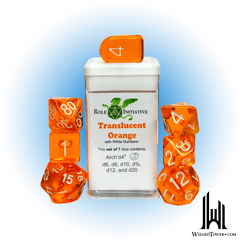 SET OF 7 DICE: TRANSLUCENT ORANGE/WHITE - ARCH D4